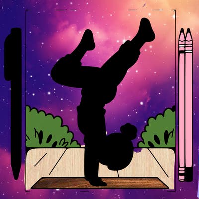 a girl doing a handstand with a white space behind her