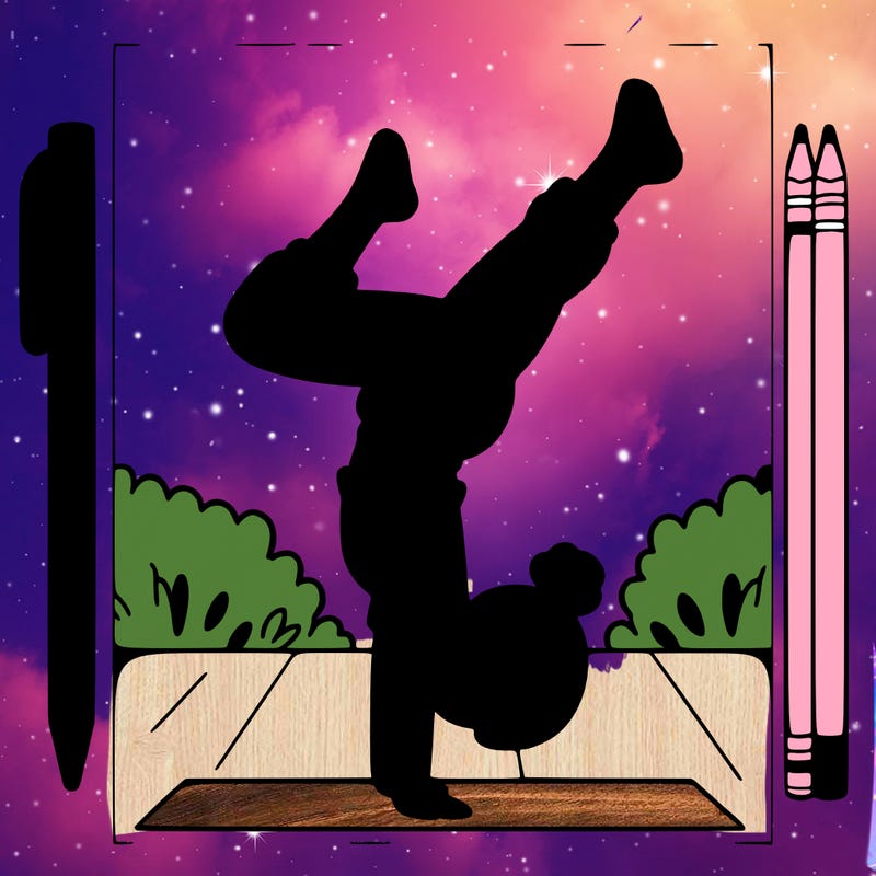 a girl doing a handstand with a white space behind her