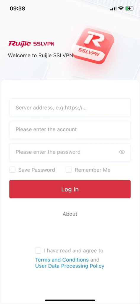 RG-SSLVPN - Login screen of the RG-SSLVPN mobile app with fields for server address, account, and password.