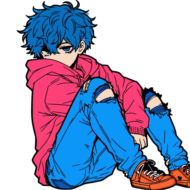 a male hoddie ripped jeans messy hair anime