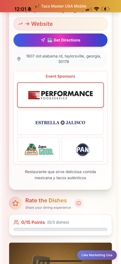 Taco Master USA - レストランの場所、イベントスポンサー、料理評価機能が表示されているTaco Master USAアプリ画面