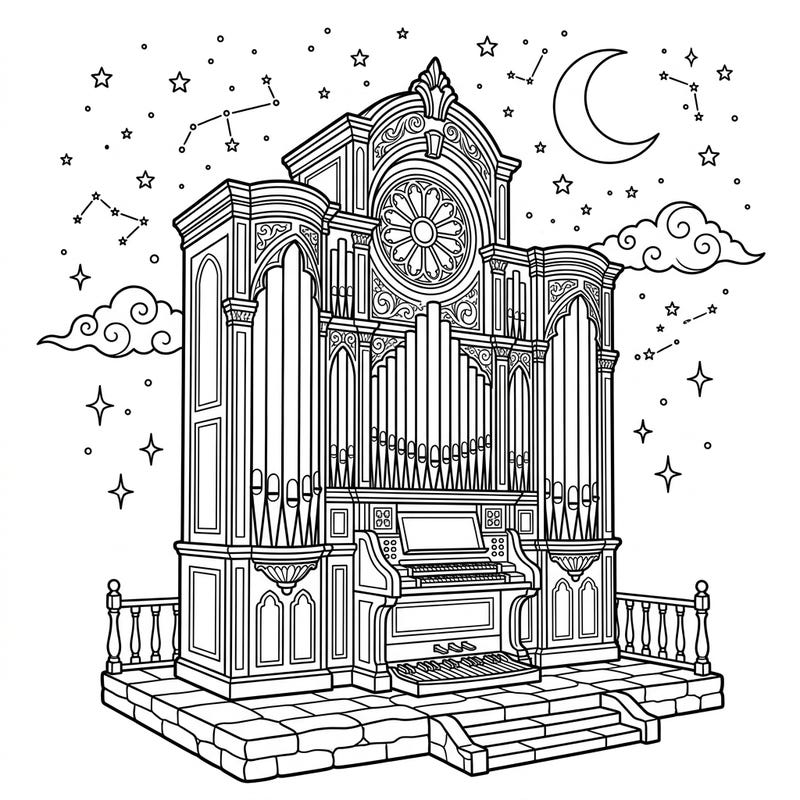 Immerse yourself in the majestic beauty of a grand pipe organ under a serene night sky, adorned with shimmering stars and a peaceful crescent moon. This intricate coloring page invites you to explore a nocturnal dreamscape with your favorite colors.