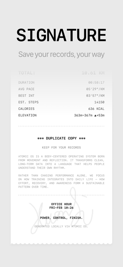 Run Receipt - A minimalist digital receipt summarizing running statistics like distance pace and calories with a signature at the bottom