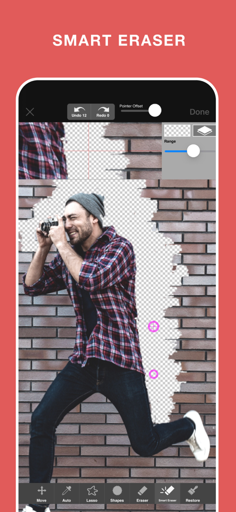 Superimpose+:Background Eraser - Smart Eraser tool in Superimpose plus app removing a brick wall background from a photo of a man