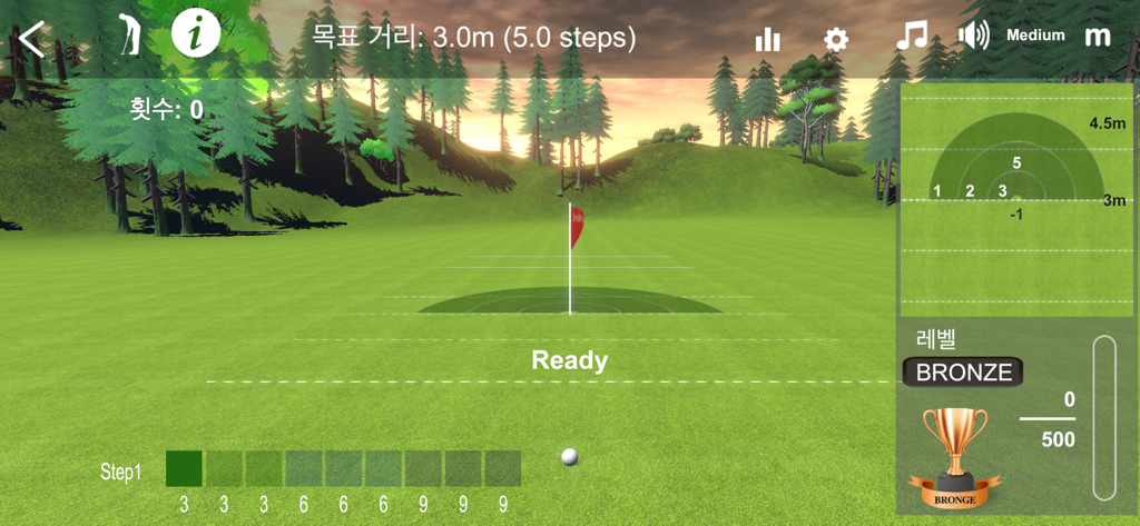 InBirdie Game app interface showing a 3D virtual golf putting green with distance targets and performance stats