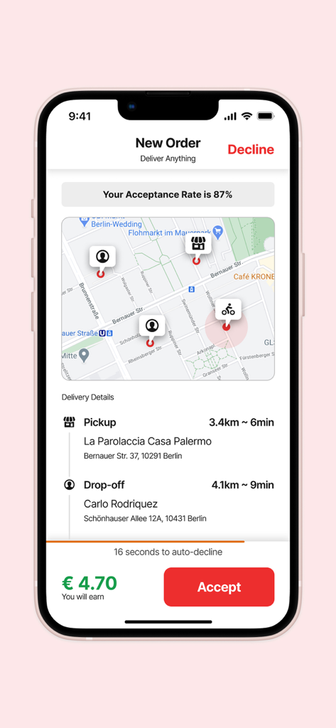 efood rider - Captura de pantalla de la app efood rider mostrando una solicitud de nuevo pedido de entrega con mapa y detalles de recogida