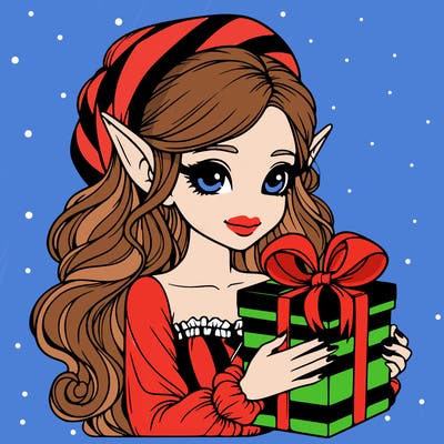 realistic girl with elf ears with a gift box