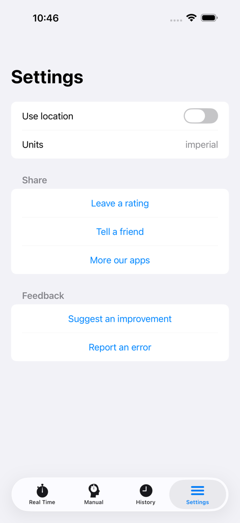 Storm Distance Tracker - The settings menu of the Storm Distance Tracker app on iOS with options for location and measurement units.