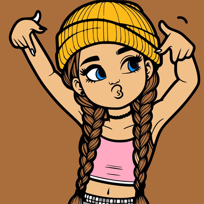 realistic teenage girl with braids and a beanie and crop top doing 🫶🏼