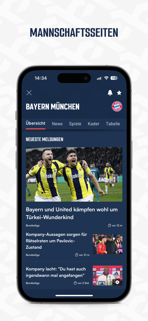 Bayern Munich team page in the SPOX app displaying news and stats