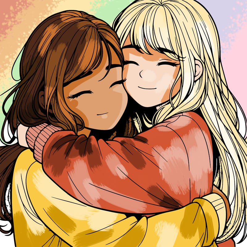 realistic two girls hugging