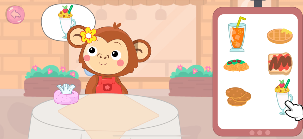 Kids Cooking Games for Toddler - Um macaco de desenho animado sentado em uma mesa de café pedindo um milk-shake em um menu digital em um jogo de culinária para bebês