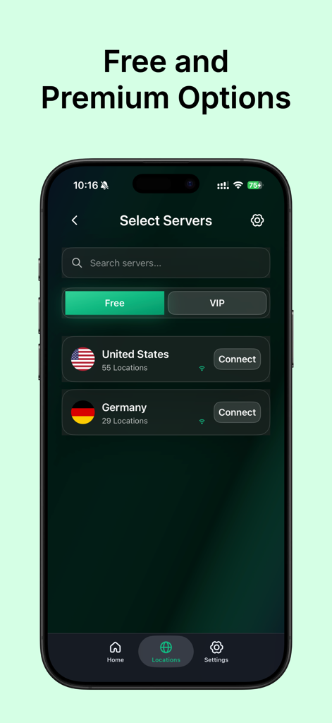 Interface de l'application VPN affichant une liste de serveurs gratuits et premium aux États-Unis et en Allemagne.