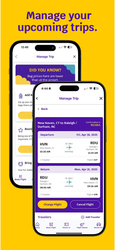 Avelo - Avelo Airlines mobile app screen showing options to manage upcoming trips and view flight details