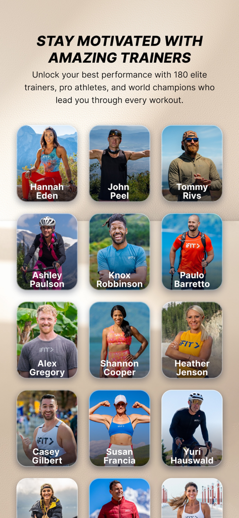 Ein Raster aus professionellen iFIT-Fitnesstrainern und Weltklasse-Athleten