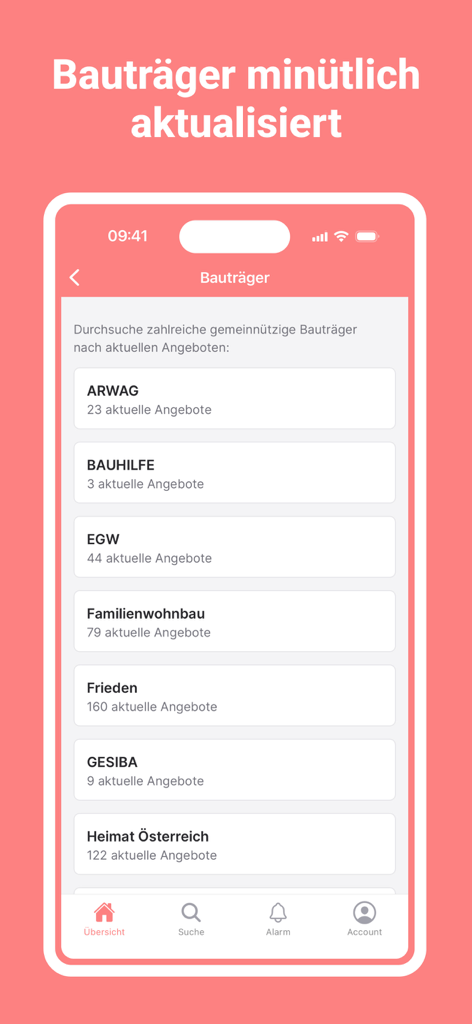 MyGEWO - Interfaccia dell'app MyGEWO che mostra un elenco di sviluppatori immobiliari e offerte di appartamenti correnti
