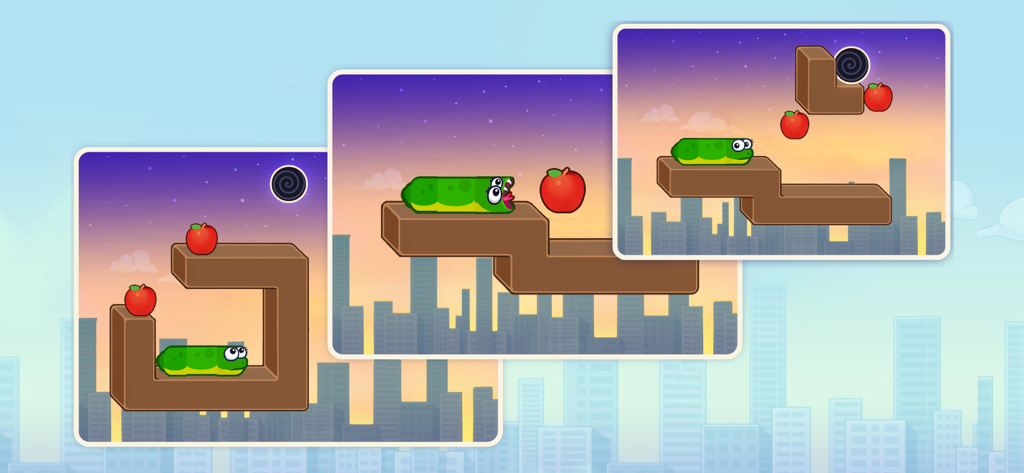 Snake Puzzle: Slither to Eat! - A series of screenshots showing a green snake eating apples on platforms in a logic puzzle game