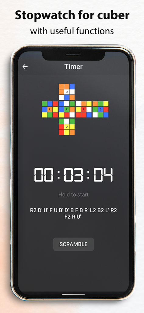Digital stopwatch interface in the Cube Solver app showing a scramble algorithm and 2D cube layout