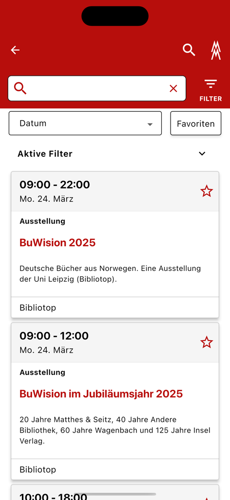 Leipzig Book Fair mobile app showing the event schedule and filter options