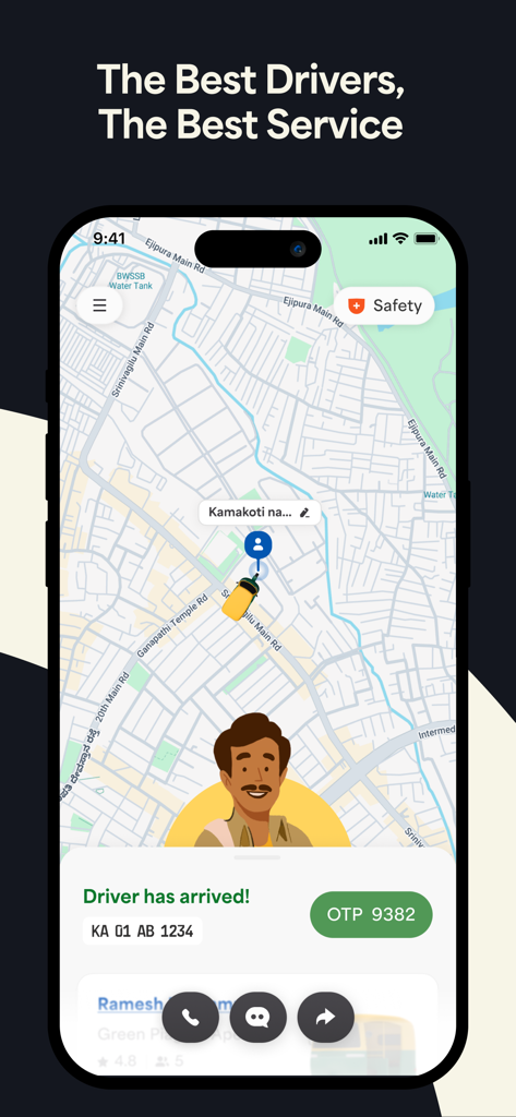 Namma Yatri - Ride Booking App - Namma Yatri ride booking app showing driver arrival on a map with OTP.