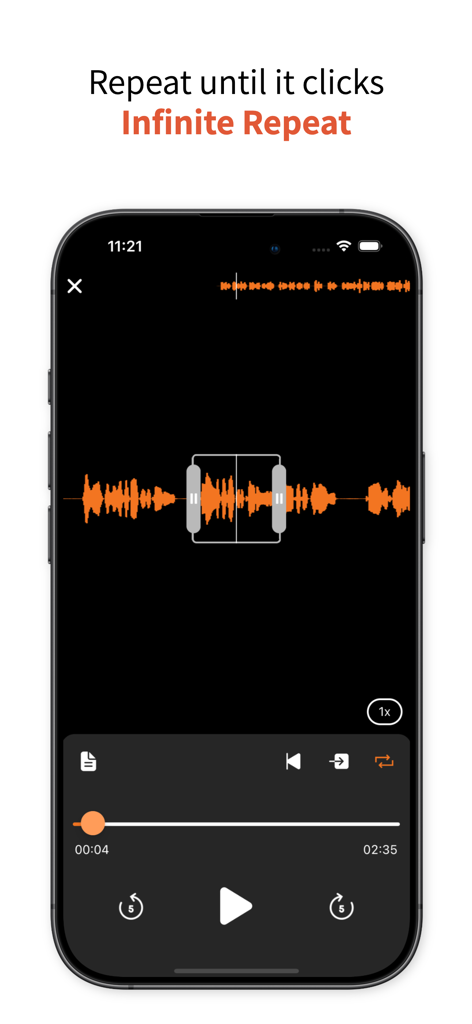 Listen Repeat - AB Repeat - Una pantalla de smartphone que muestra la interfaz de la aplicación Listen Repeat con un segmento de audio resaltado en una forma de onda para repetición infinita y shadowing en el aprendizaje de idiomas.