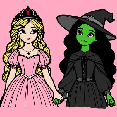 a princess and a witch holding hands realistic