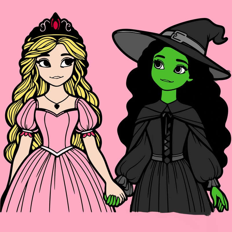 a princess and a witch holding hands realistic