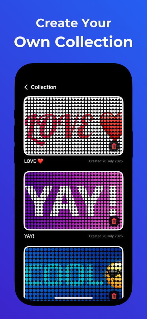LED Scroller: Ledify - Pantalla de smartphone que muestra una colección de banners LED personalizados guardados, incluyendo mensajes como LOVE y YAY en la aplicación Ledify