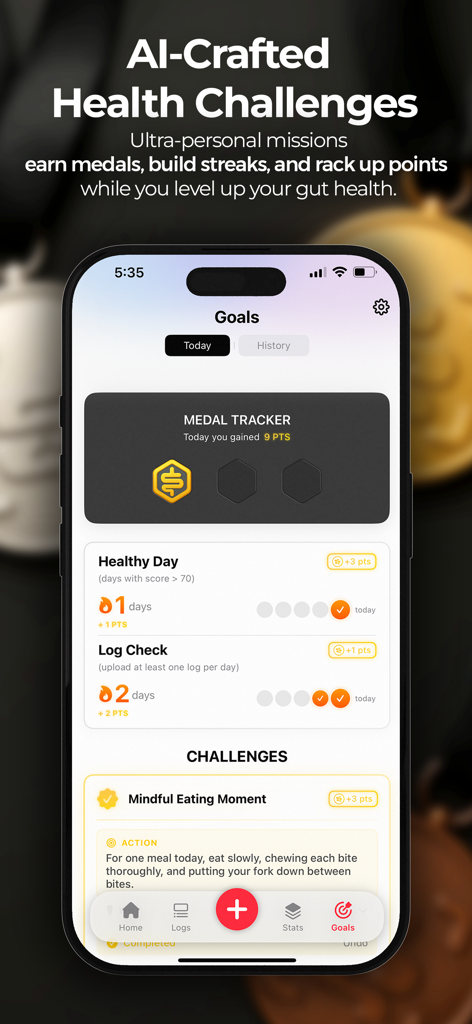 GutSense - Gut Health Coach - GutSense mobile app screen displaying health goals, medal tracker, and daily AI-crafted wellness challenges