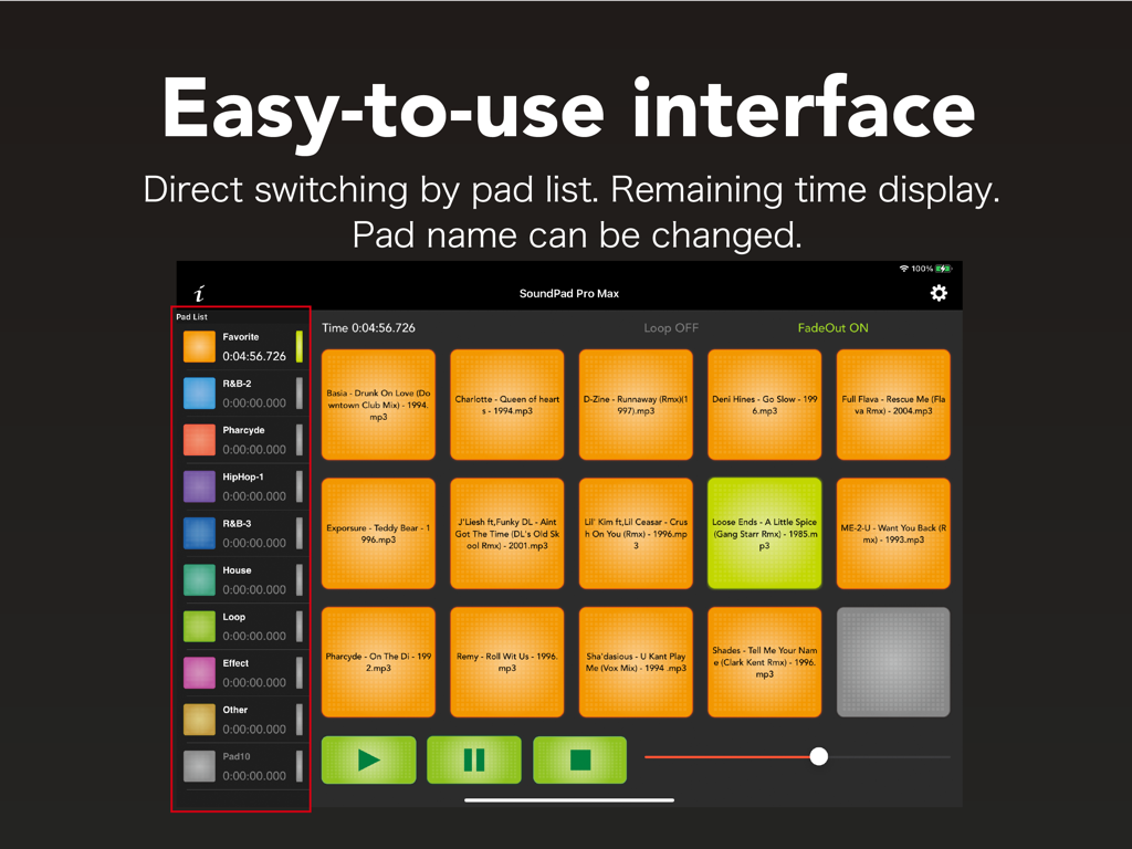 SoundPad Pro Max App-Oberfläche, die ein Gitter von Sound-Pads und Kategorien auf einem iPad zeigt