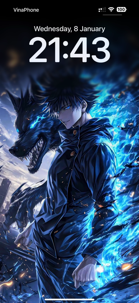 Cool Anime Wallpaper - Écran de verrouillage iPhone montrant un personnage anime cool avec des flammes bleues et un fond de loup géant