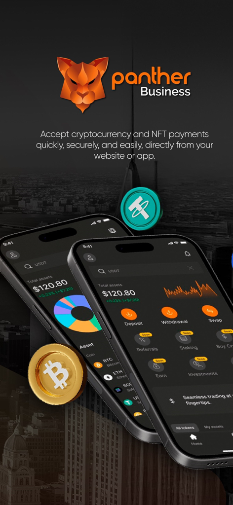 Panther: Wallet Crypto - Interfaz de la aplicación móvil Panther Business que muestra saldos de criptomonedas y opciones de transacción en dos teléfonos inteligentes