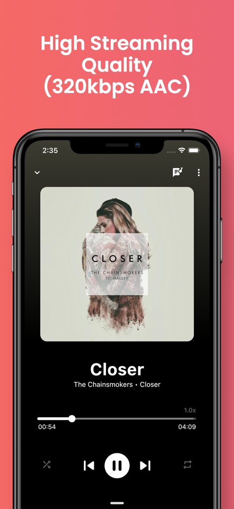 Youtify app music player interface highlighting 320kbps AAC high streaming quality