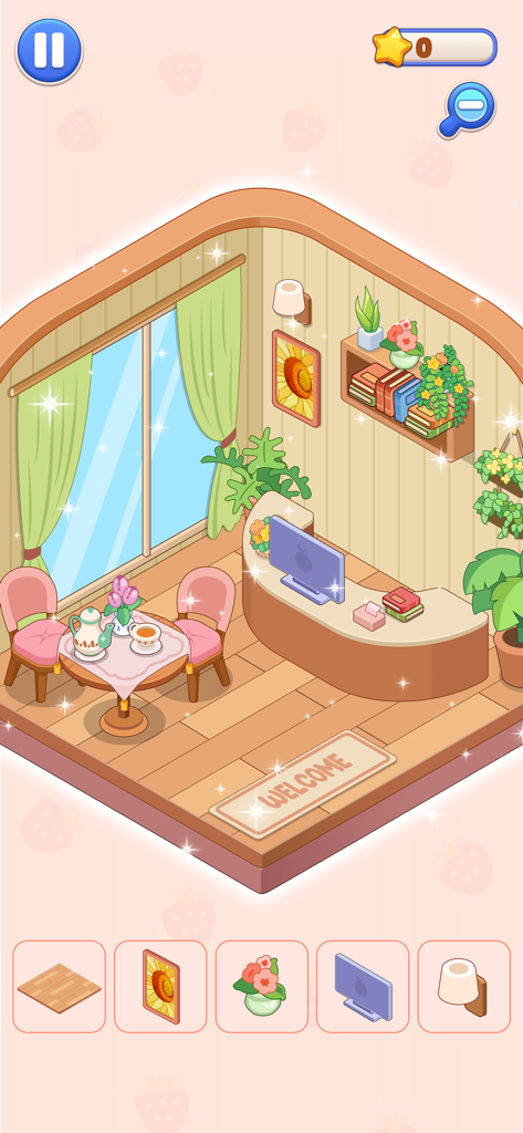 A decorated cozy isometric room with pink chairs and a tea table in the Fantasy Room mobile game