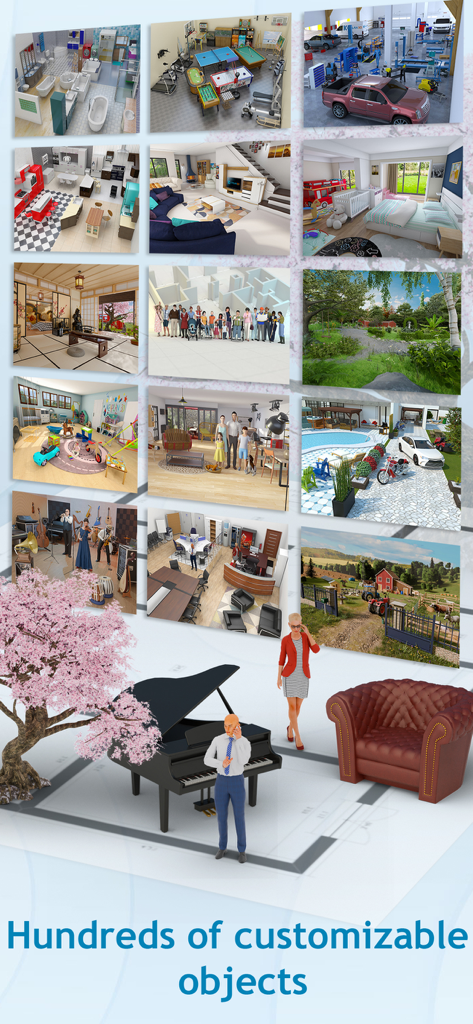 Uma colagem mostrando vários projetos de salas 3D e objetos de interior disponíveis no aplicativo de design de casas Keyplan 3D.