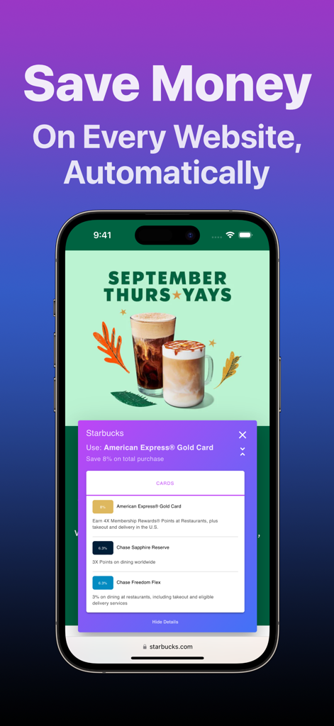Sovrapposizione dell'estensione Safari di CardPointers su iPhone che mostra la carta migliore da utilizzare per un acquisto da Starbucks.