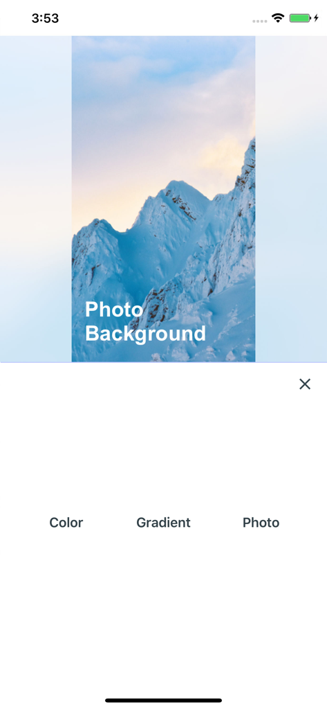 Text Only Made Simple - Interface do aplicativo Text Only Made Simple mostrando uma opção de fundo de foto de montanha nevada