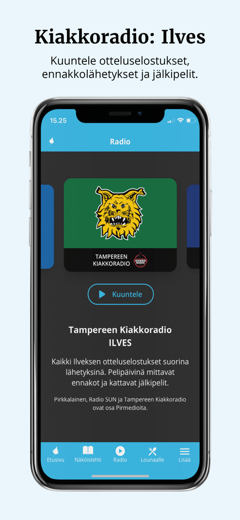 Ilvesアイスホッケーの試合を聴くためのPirkkalainen-lehtiアプリラジオインターフェース