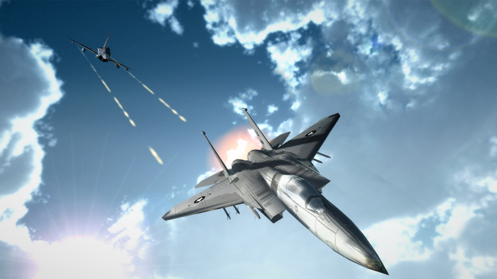Air Strike Plane Combat Storm - Two fighter jets engaging in an aerial dogfight with missiles and 3D graphics in Air Strike Plane Combat Storm.
