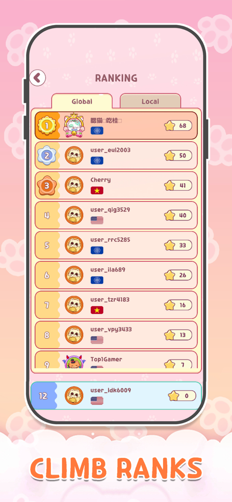 Meow Tiles: Kpop & Cats Piano! - Global ranking leaderboard in Meow Tiles Kpop and Cats Piano game showing player scores and cat avatars