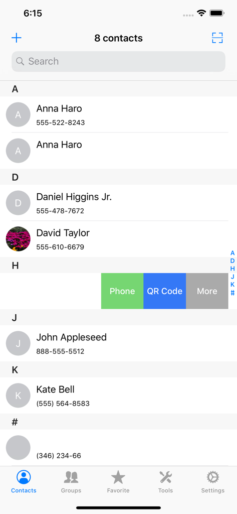 We Contacts - Mobile app screen showing a contact list with search bar and swipe actions for phone and QR codes