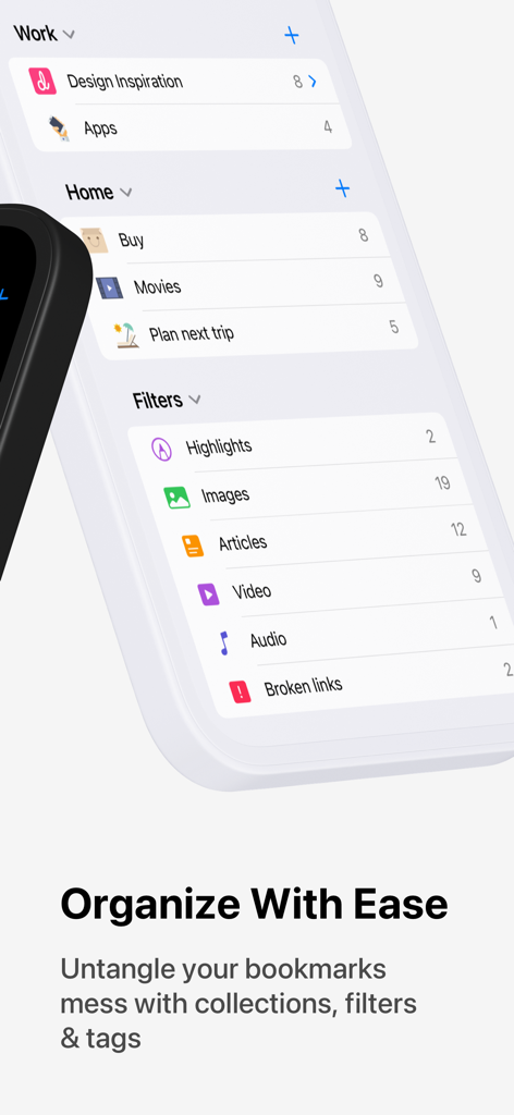 Raindrop.io - Mobile interface of Raindrop.io showing how to organize bookmarks with collections and filters