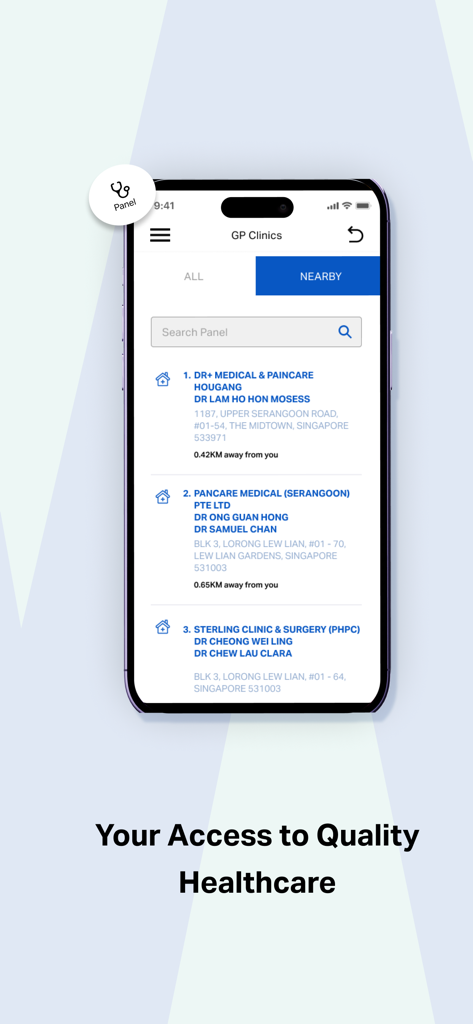Mobile screen of Howden MediHub app showing a list of nearby GP clinics and medical facilities