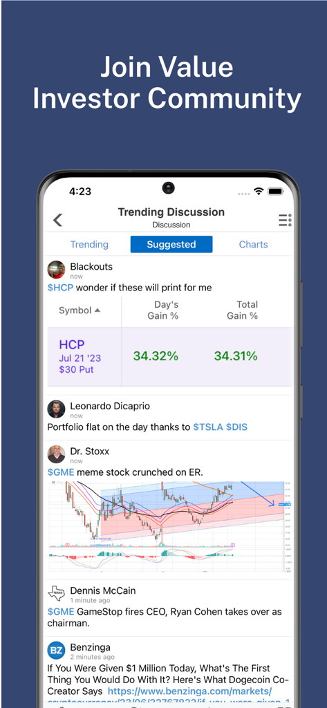 Feed di discussione della comunità di investitori di tendenza nell'app Stock Master che mostra analisi delle azioni e aggiornamenti di mercato