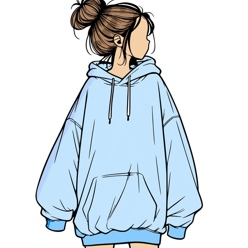 realistic girl with a oversized sweatshirt on and a bun