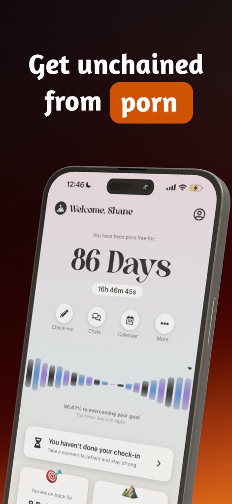 Unchaind app interface displaying an 86 day progress counter for quitting porn with faith