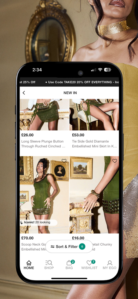 EGO: Women’s Clothing & Shoes - EGO fashion app displaying new arrivals including green embellished mini dresses and skirts