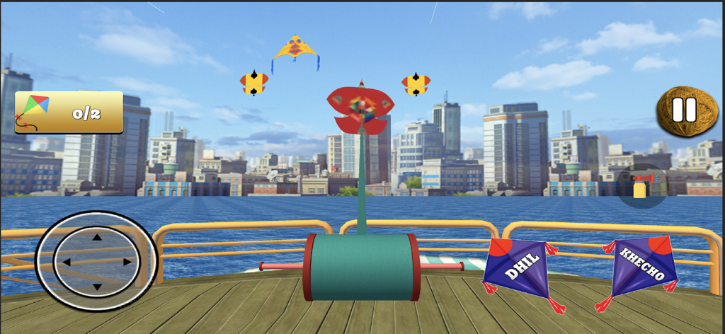 Pipa Combate 3D - Beach Kite - Gameplay of Pipa Combate 3D showing kites flying over water with city skyline and touch controls