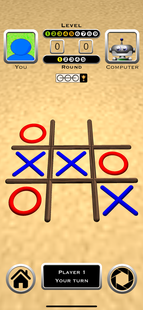 Mobile Spieloberfläche von Tic Tac Toe 3D, die ein klassisches 3x3-Gitterspiel zwischen einem Spieler und dem Computer zeigt