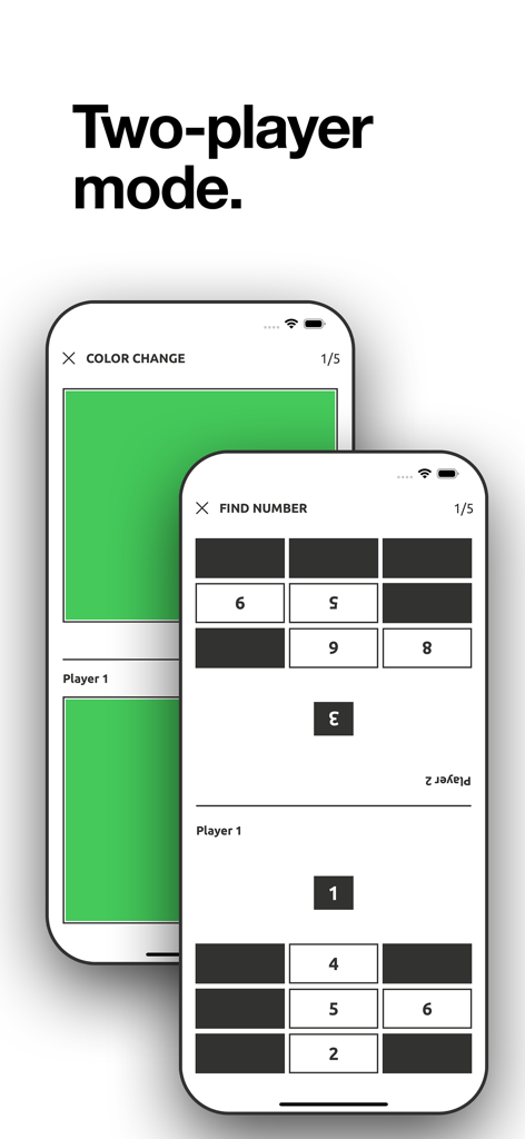 Reaction training. - Modo de pantalla dividida para dos jugadores en la aplicación Entrenamiento de Reacción que muestra desafíos de cambio de color y búsqueda de números